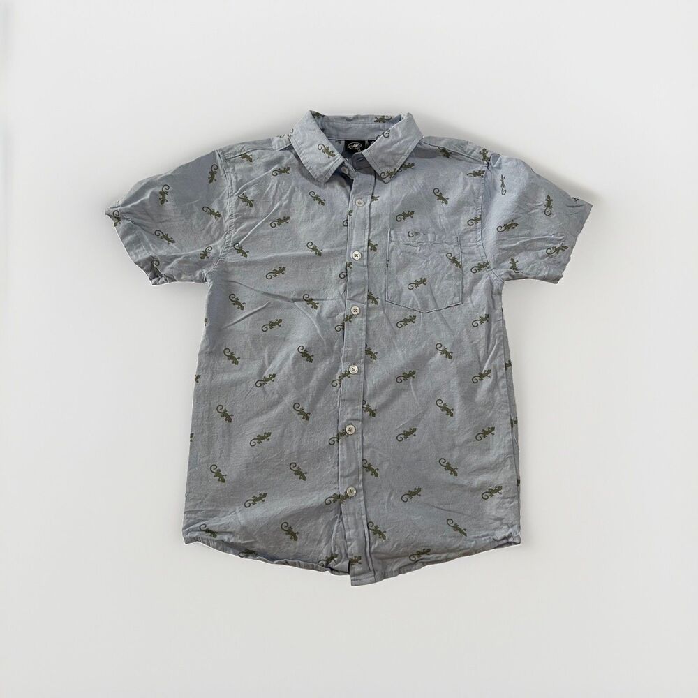 Body Glove Boys M 10/12 Short Sleeve Button Down Shirt Blue Lizard Gecko Print